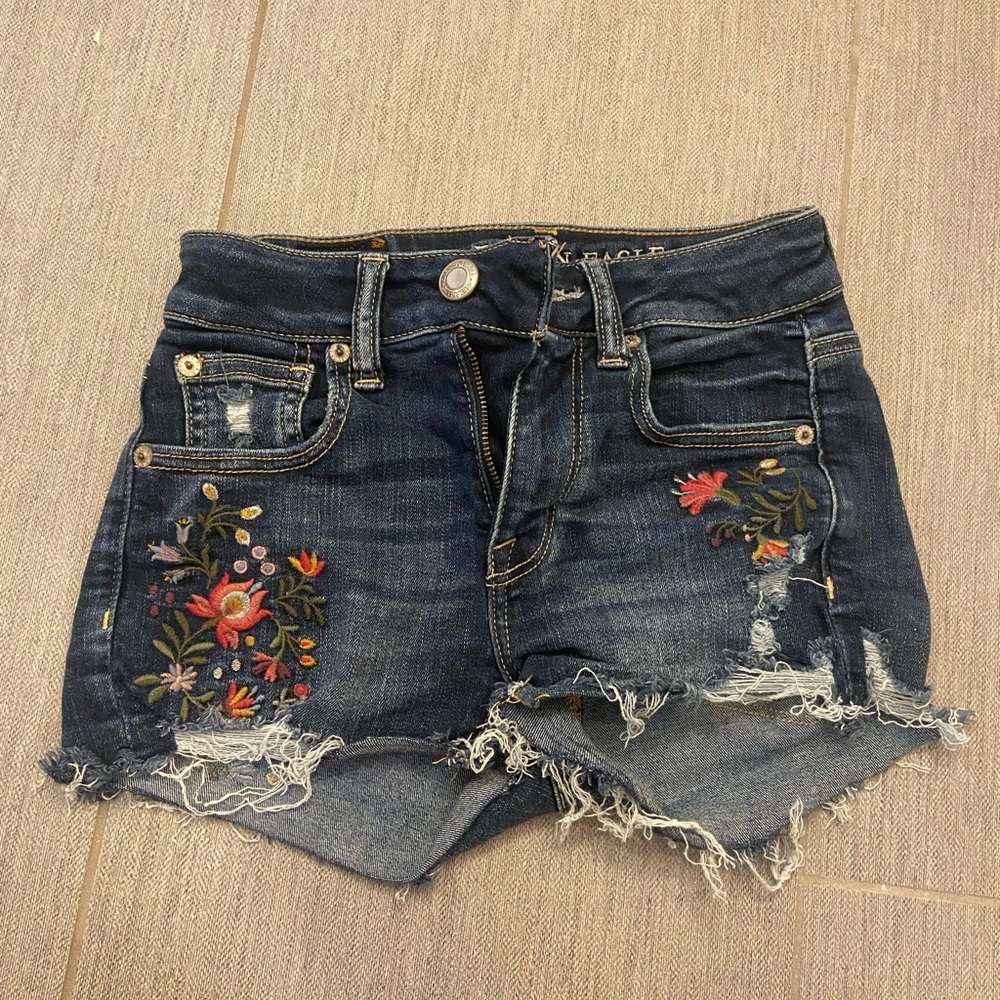 American Eagle Floral Embroidered Next Level Stretch Denim Shorts